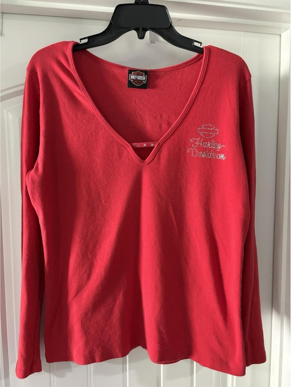 Harley-Davidson Shirt Women’s 1X Red Long Sleeve V Neck Rhinestone Bham Al